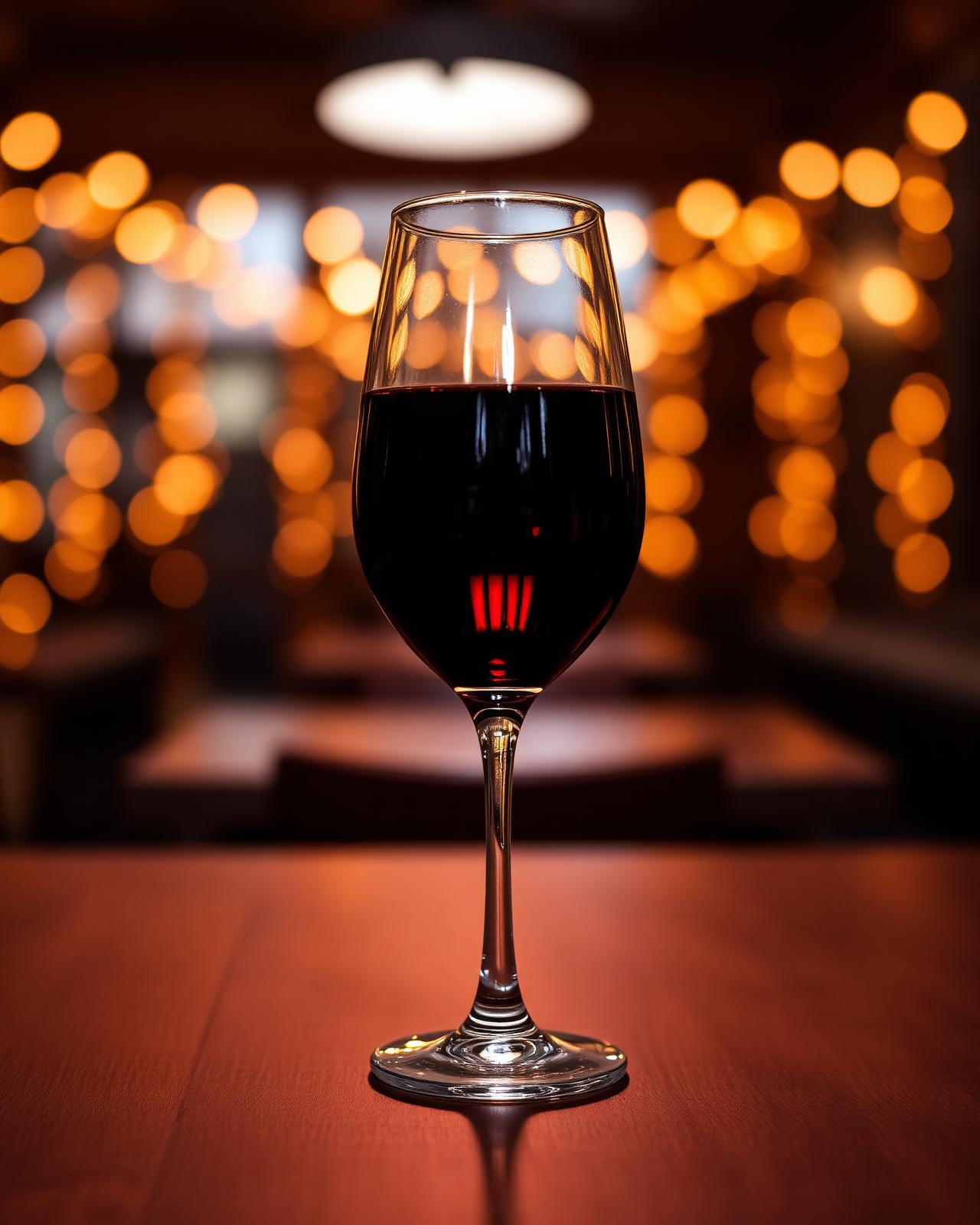 A glass of red wine on a walnut table with warm bokeh string lights